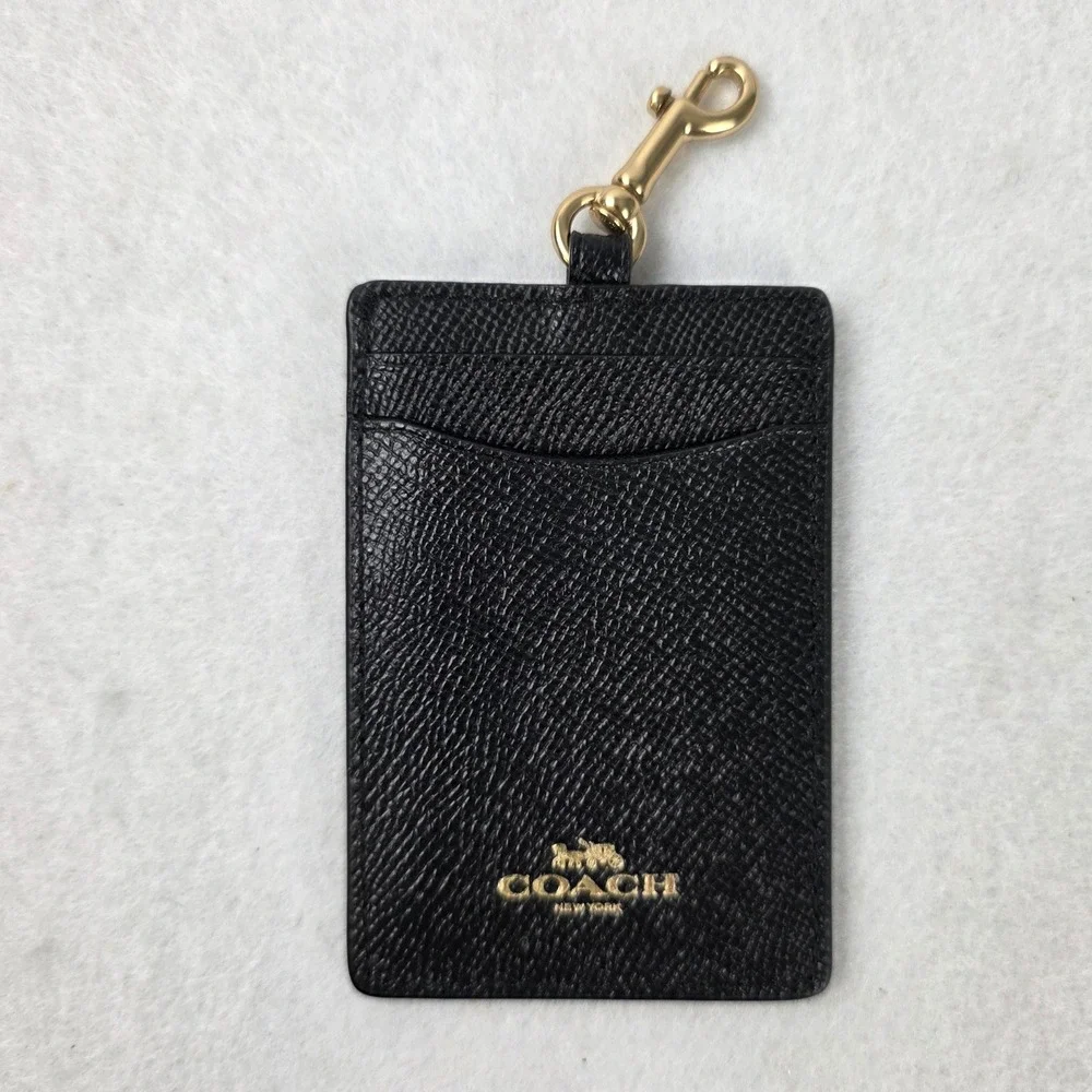 Coach F63274 ID Lanyard Black Crossgrain Leather Card Holder Gold Hardware